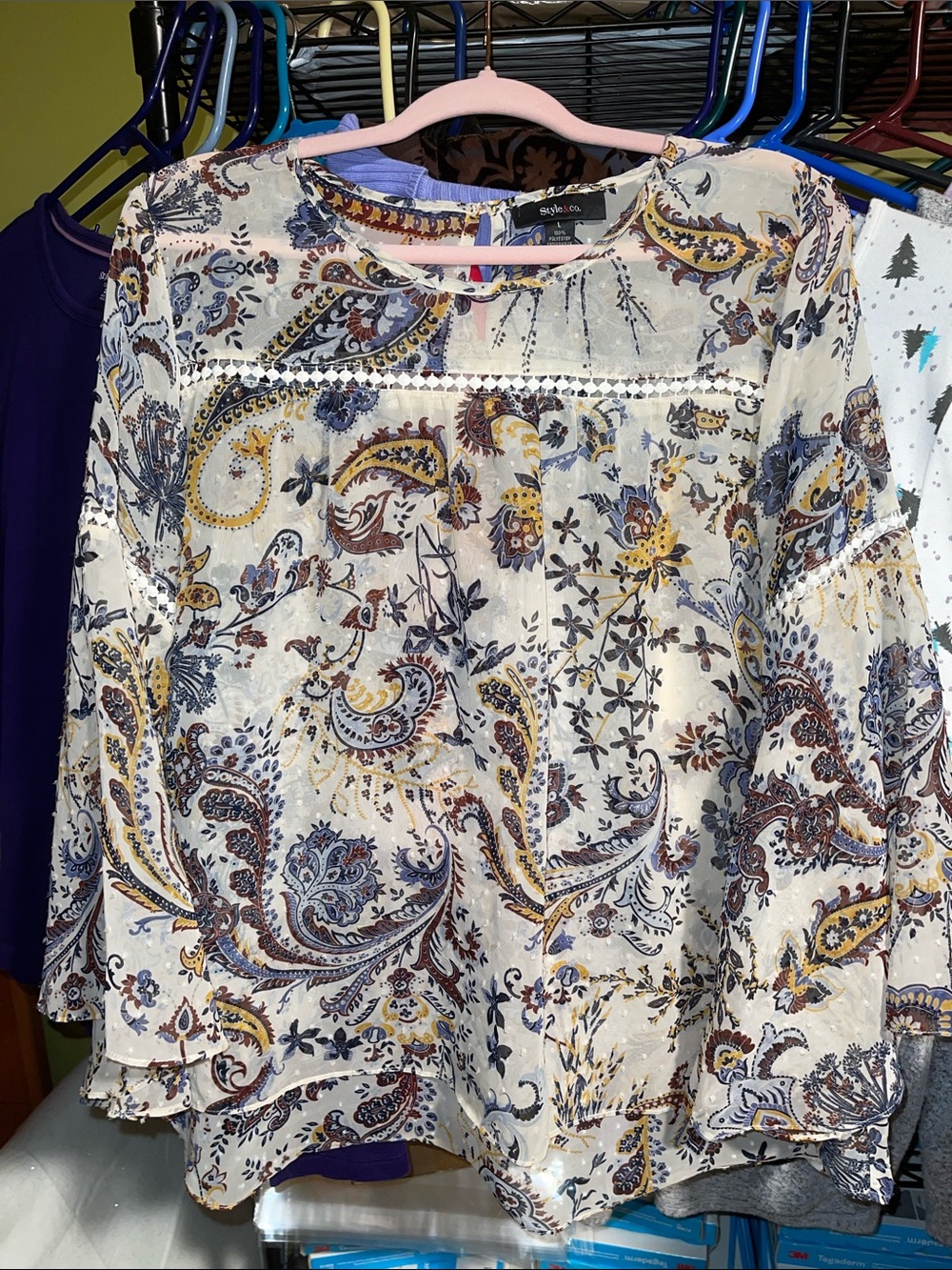 Style & Co Cream Paisley Floral Lace-Trim Blouse